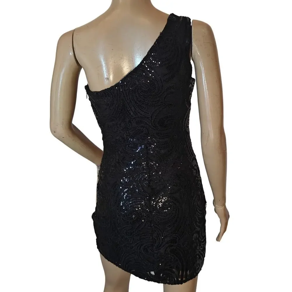 Lulu’s Black One-Shoulder Sequin Mini Dress Cocktail Party Size XS